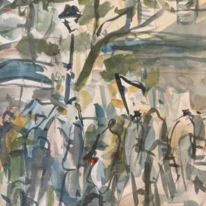 A French Watercolour of a Lively City Square